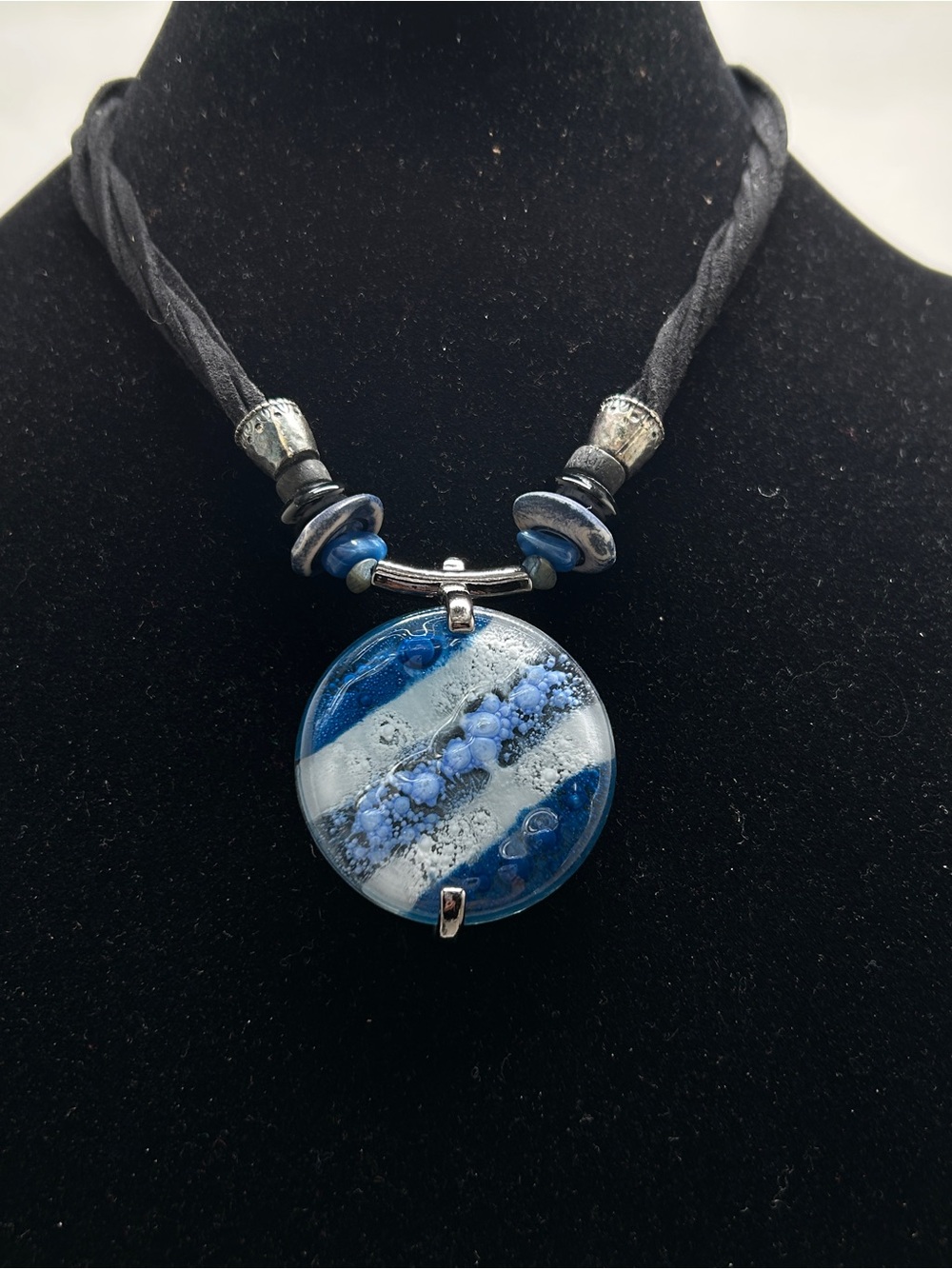 Chico’s, Blue And White Glass Pendant On Black Corded Necklace